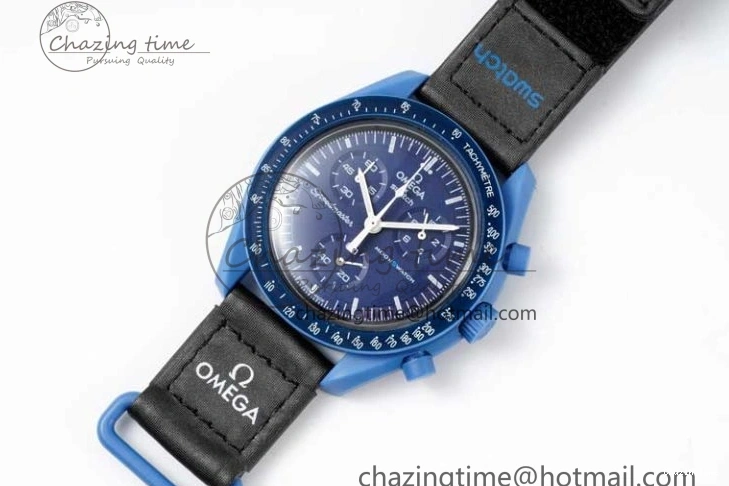 0206 ZipUp Speedmaster Misson To Neptune 1:1 Best Edition Blue Dial On Nylon Strap Quartz 7854